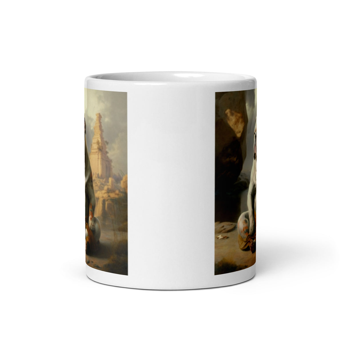 Meditating Bulldogs White glossy mug