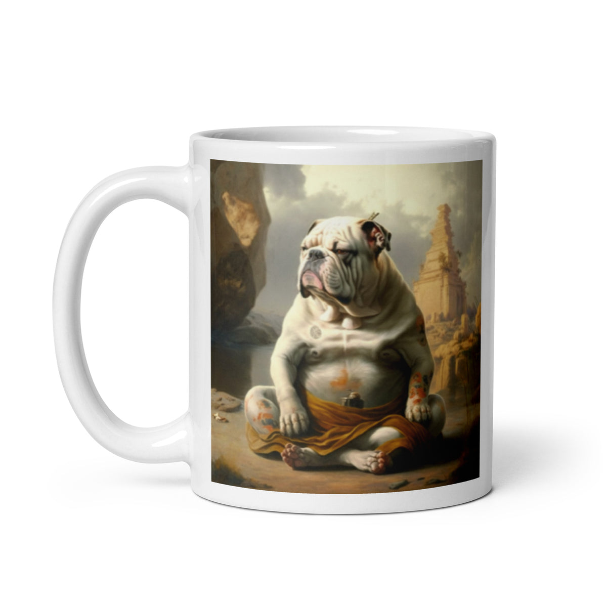 Meditating Bulldogs White glossy mug