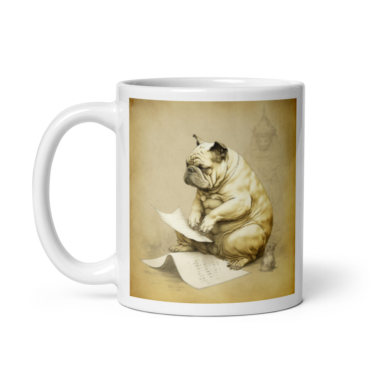 Meditating Bulldogs White glossy mug