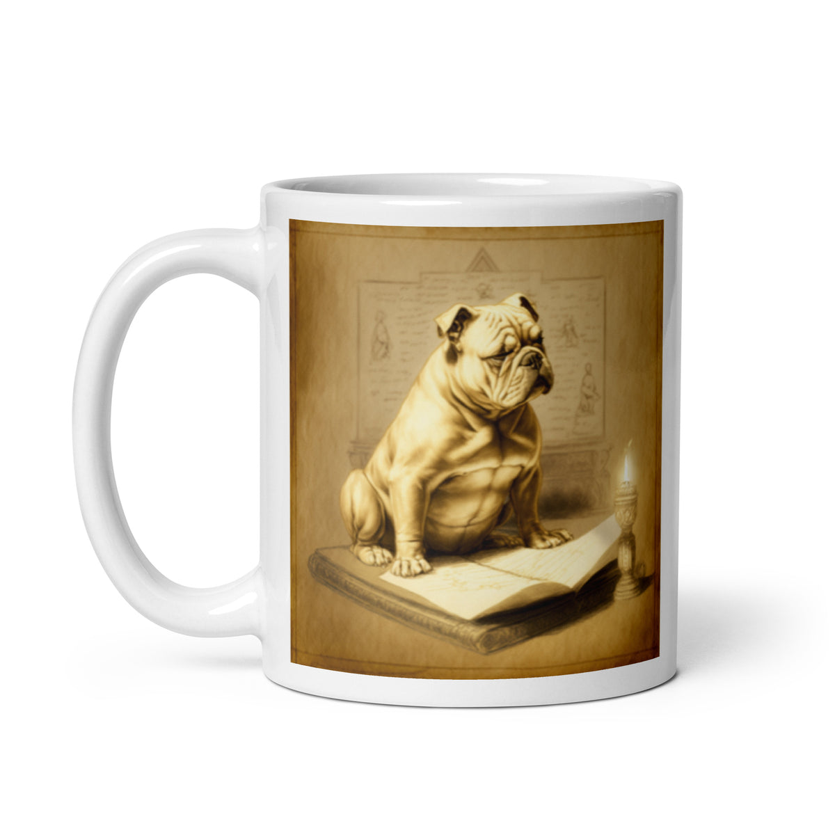 Meditating Bulldogs White glossy mug