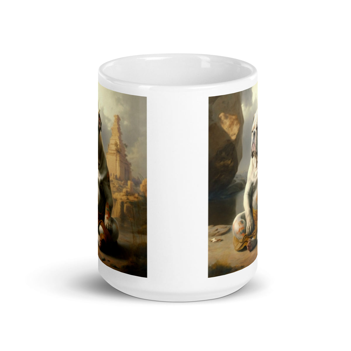 Meditating Bulldogs White glossy mug