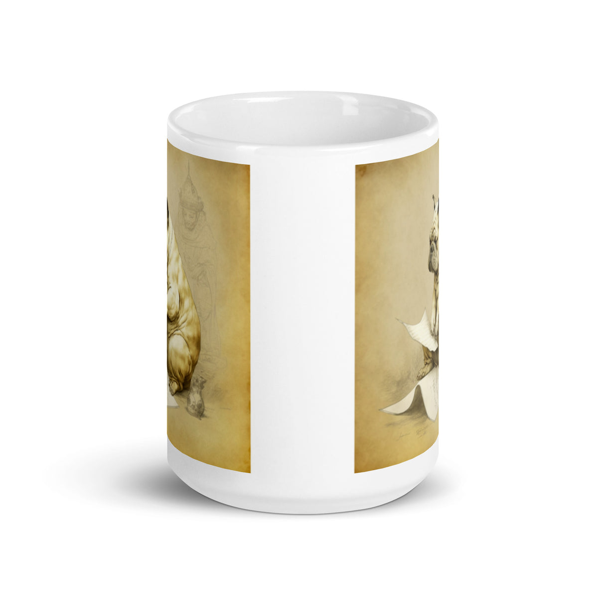 Meditating Bulldogs White glossy mug