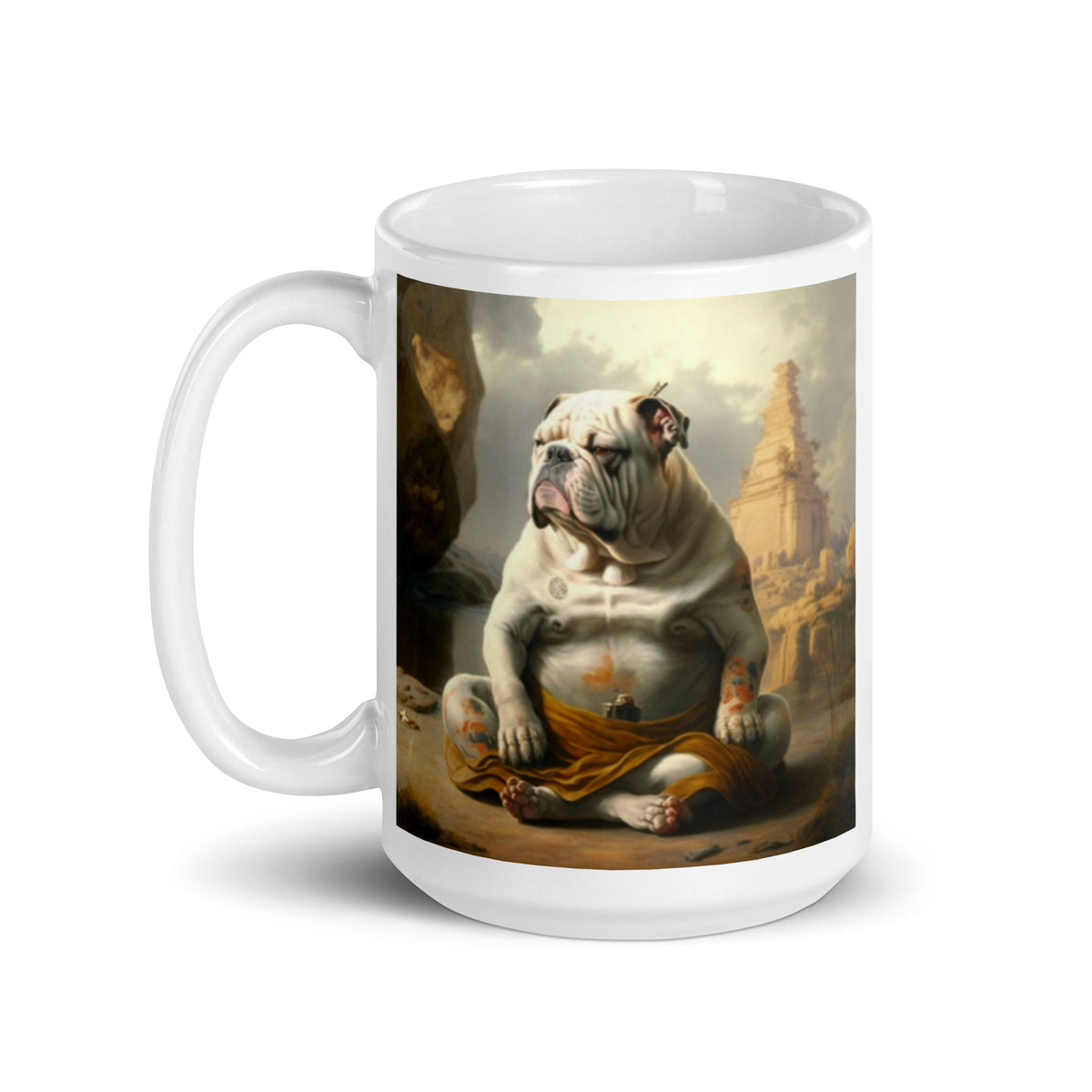 Meditating Bulldogs White glossy mug