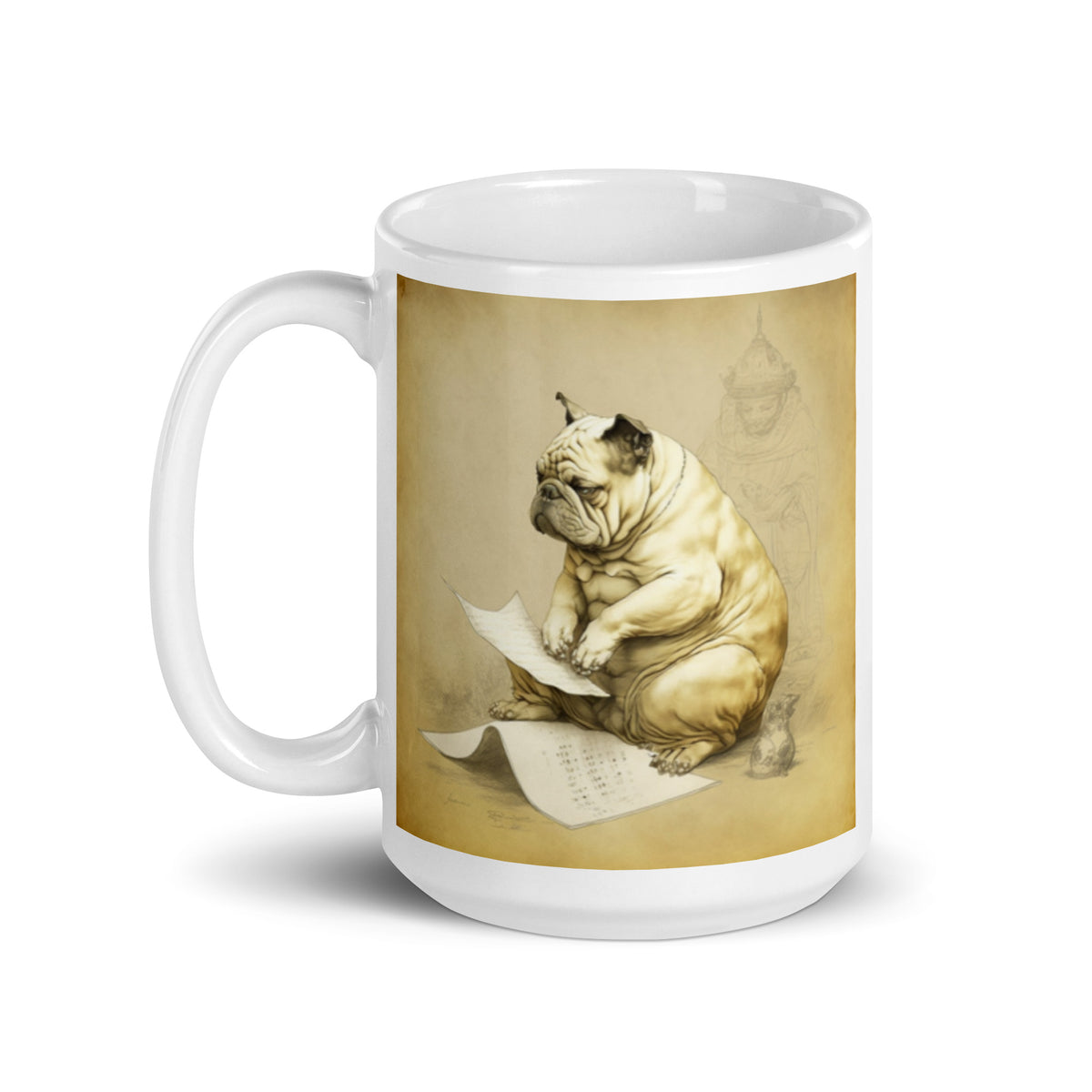 Meditating Bulldogs White glossy mug