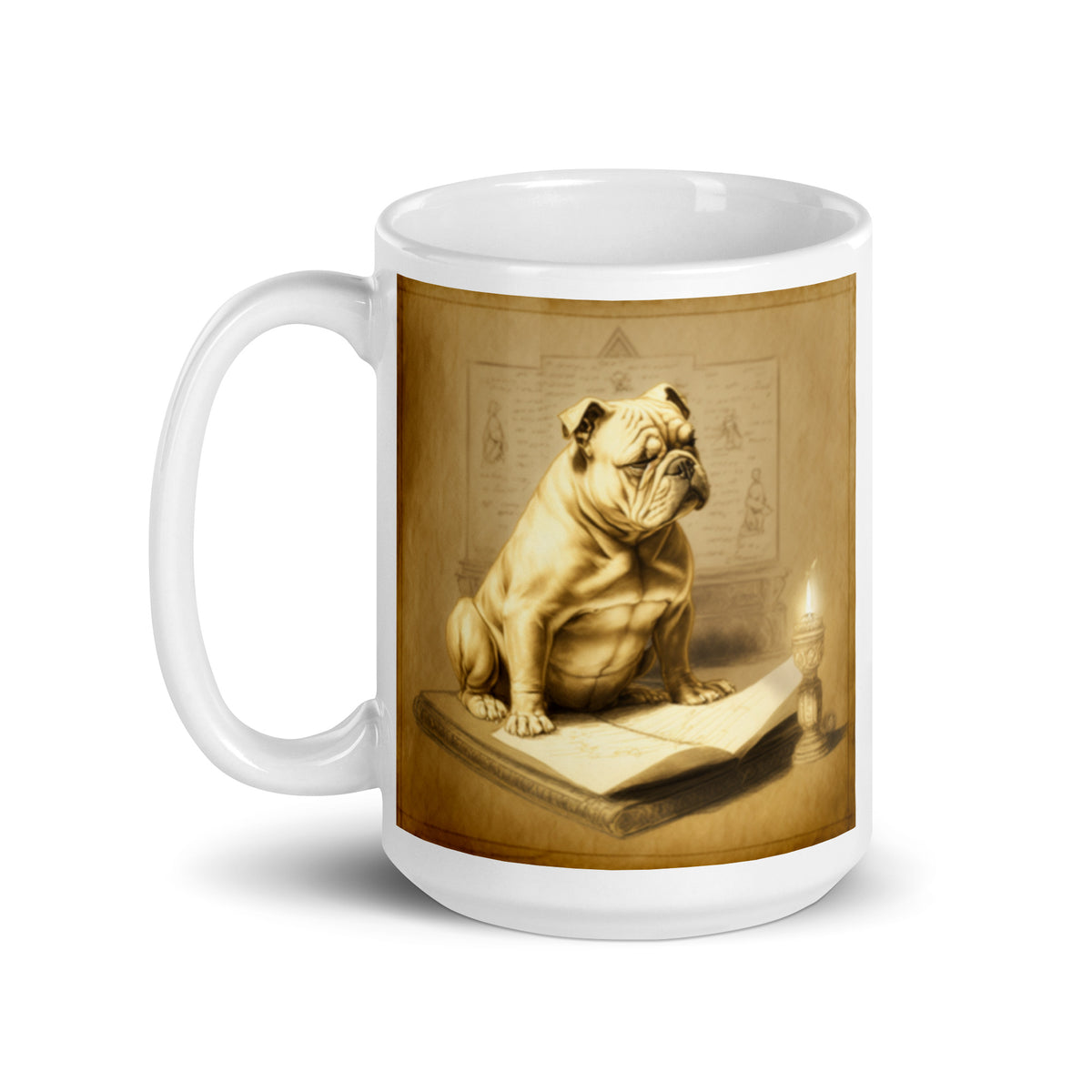 Meditating Bulldogs White glossy mug