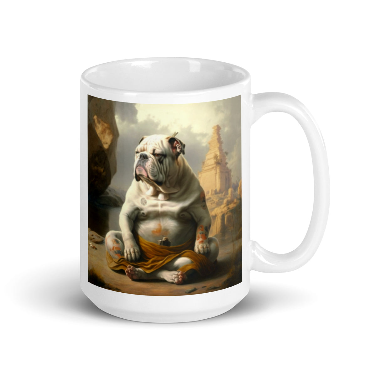 Meditating Bulldogs White glossy mug