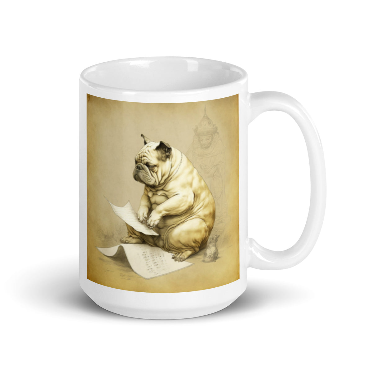 Meditating Bulldogs White glossy mug